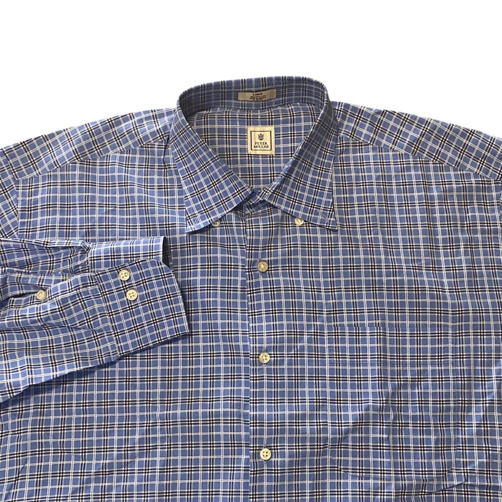 Peter Millar Mens Blue Plaid Cotton Long Sleeve Button Down Shirt Size Large
